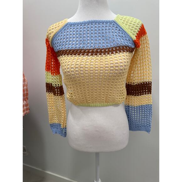 Colorblock Open Weave Cropped Sweater Size Small - Picture 1 of 7